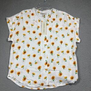 Alexander Jordan Top Women's Large White Sunflowers Short Sleeve Button Up Rayon